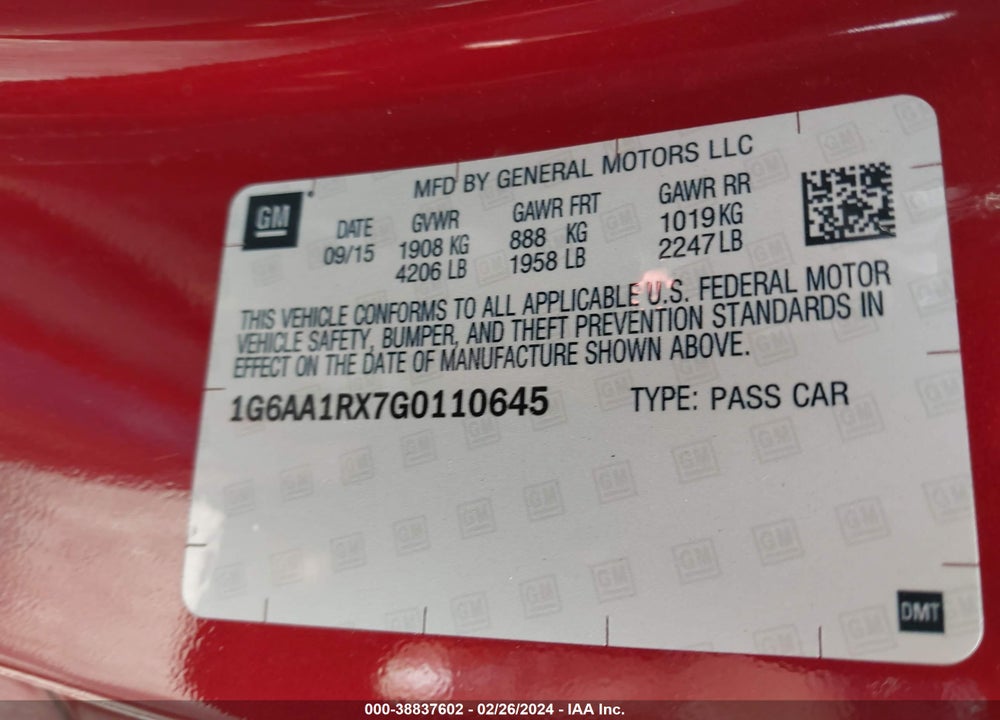 2016 CADILLAC ATS STANDARD VIN: 1G6AA1RX7G0110645