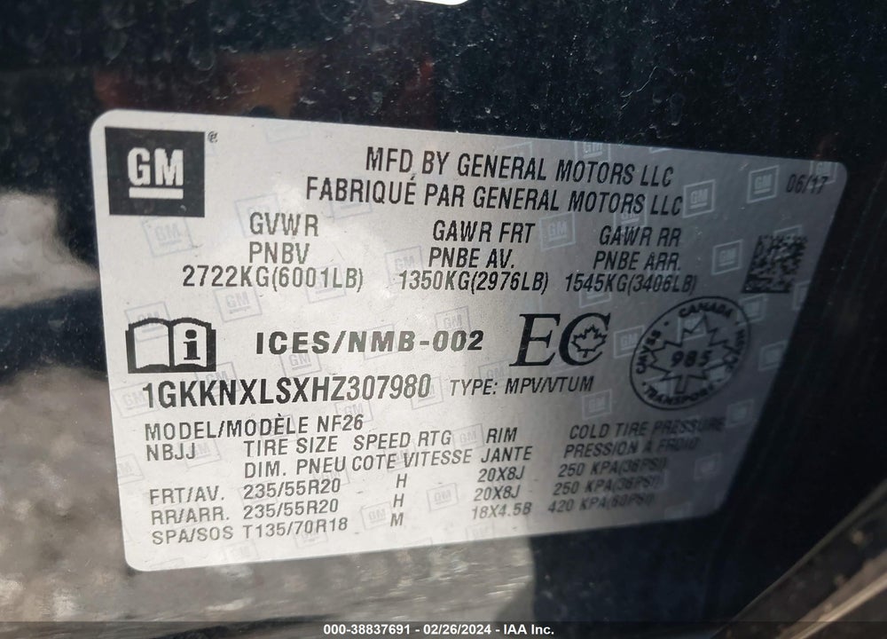 2017 GMC ACADIA DENALI VIN: 1GKKNXLSXHZ307980
