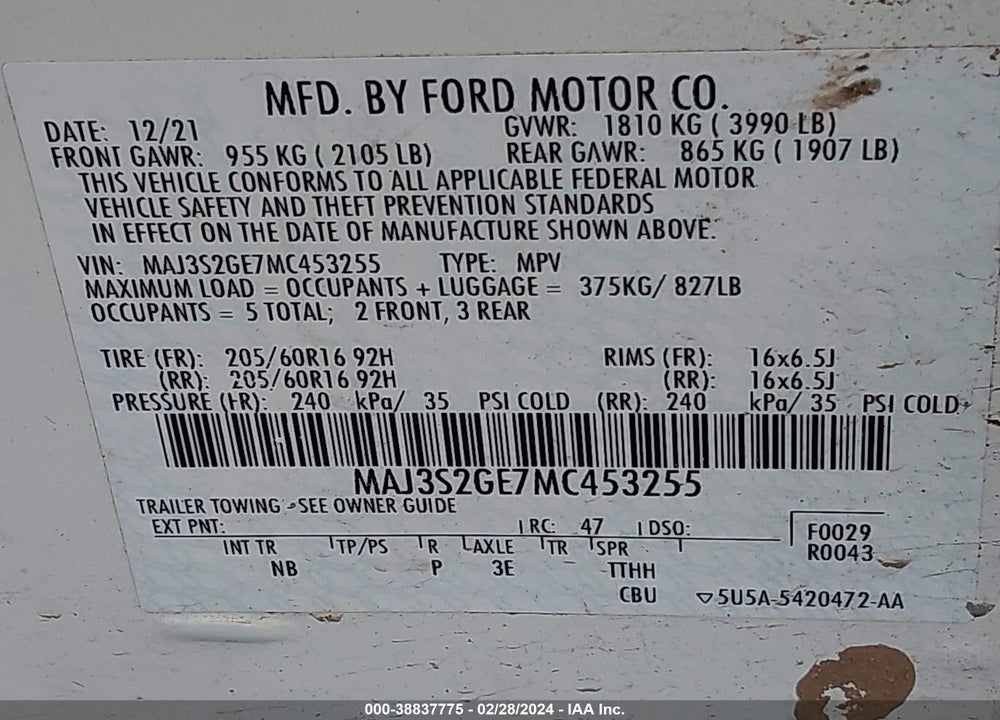 2021 FORD ECOSPORT SE VIN: MAJ3S2GE7MC453255