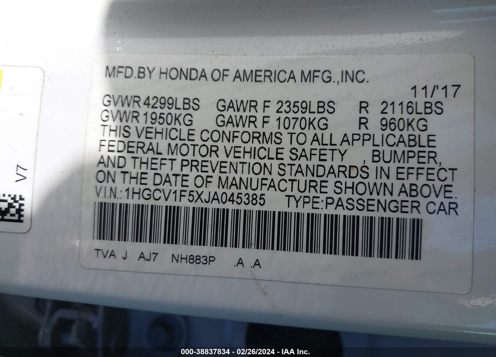 2018 HONDA ACCORD EX-L VIN: 1HGCV1F5XJA045385