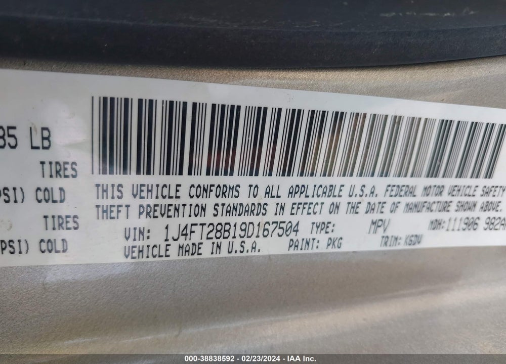 2009 JEEP PATRIOT SPORT VIN: 1J4FT28B19D167504