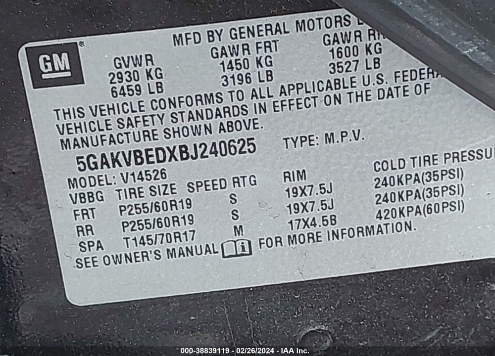 2011 BUICK ENCLAVE 1XL VIN: 5GAKVBEDXBJ240625