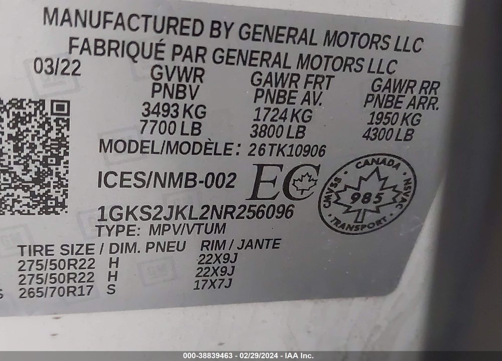 2022 GMC YUKON XL 4WD DENALI VIN: 1GKS2JKL2NR256096