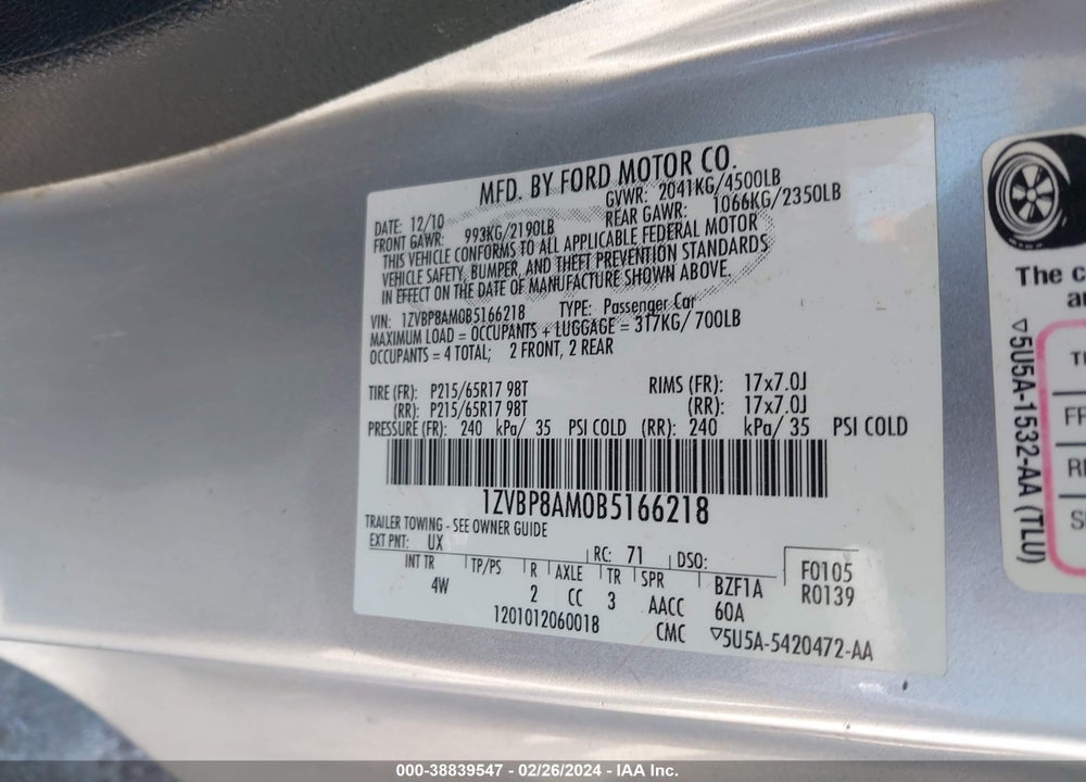 2011 FORD MUSTANG V6 PREMIUM VIN: 1ZVBP8AM0B5166218