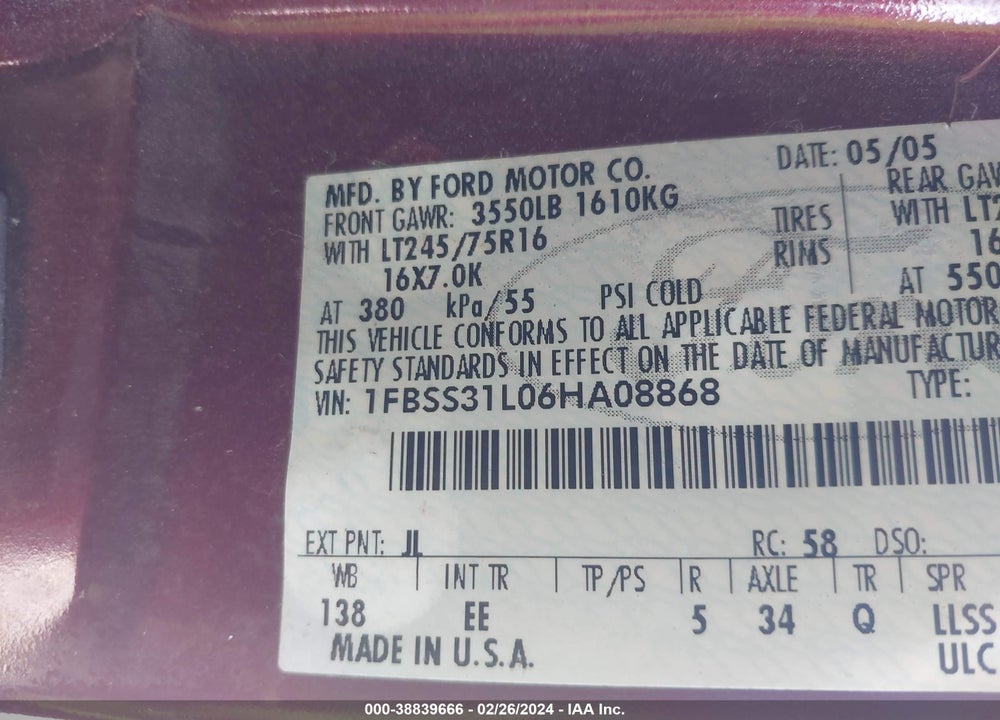 2006 FORD E-350 SUPER DUTY XL/XLT VIN: 1FBSS31L06HA08868