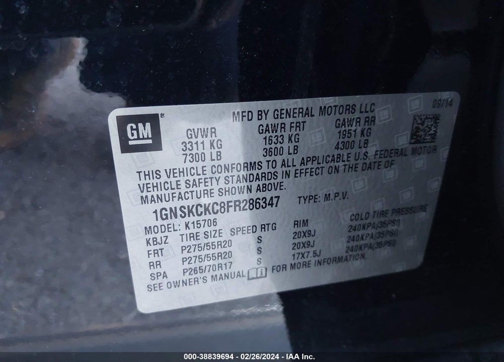 2015 CHEVROLET TAHOE LTZ VIN: 1GNSKCKC8FR286347