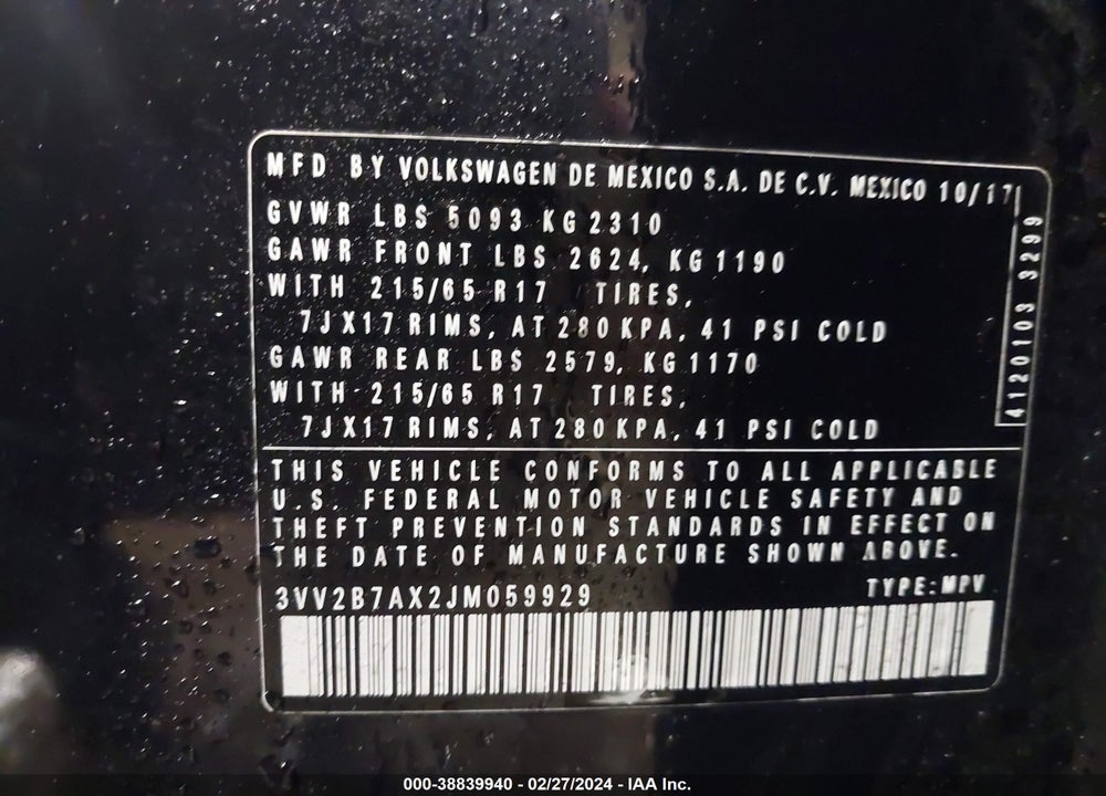 2018 VOLKSWAGEN TIGUAN SE/SEL VIN: 3VV2B7AX2JM059929