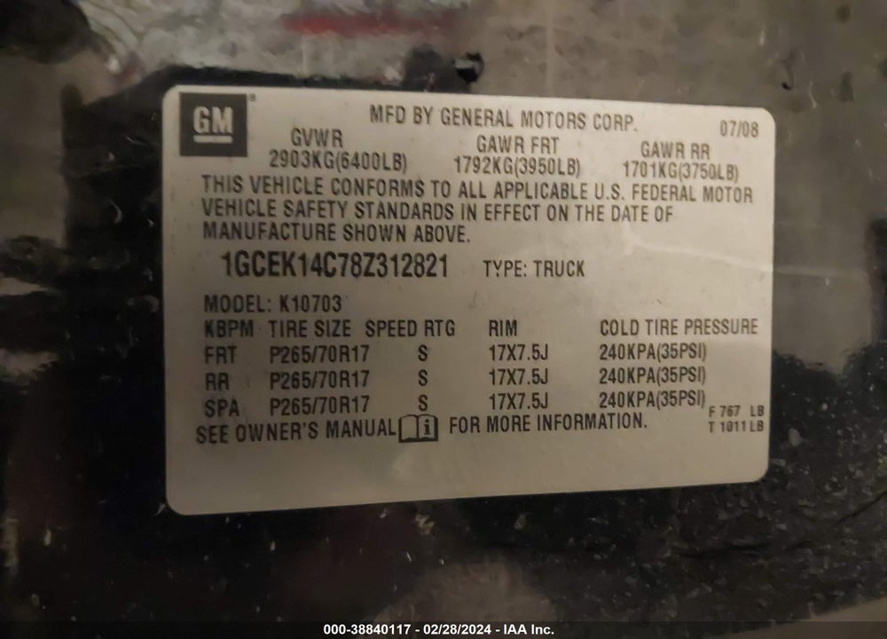 2008 CHEVROLET SILVERADO 1500 WORK TRUCK VIN: 1GCEK14C78Z312821