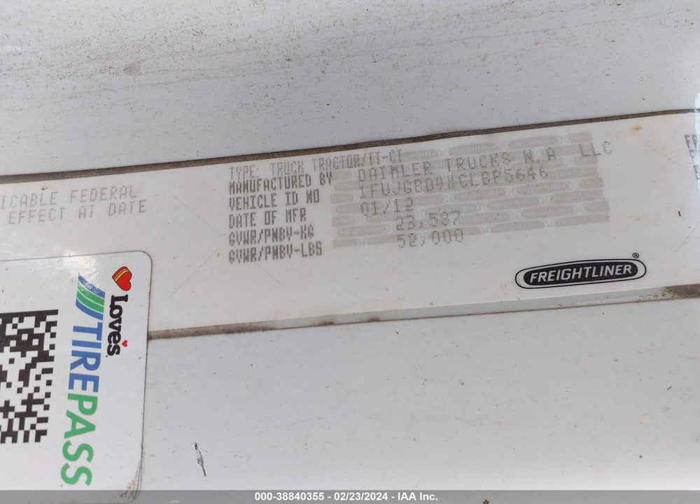 2012 FREIGHTLINER CASCADIA 113 VIN: 1FUJGBDVXCLBP5646