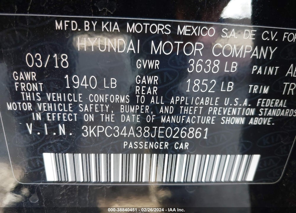 2018 HYUNDAI ACCENT LIMITED VIN: 3KPC34A38JE026861