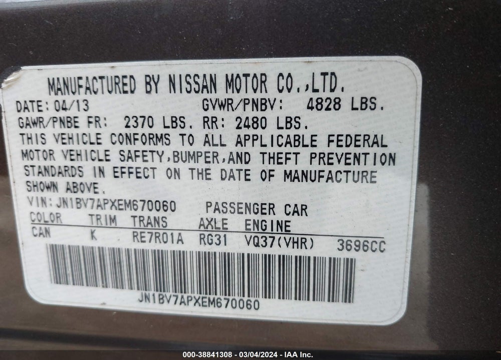 2014 INFINITI Q50 SPORT VIN: JN1BV7APXEM670060
