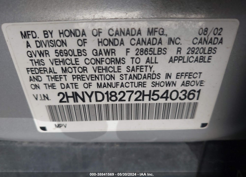 2002 ACURA MDX 3.5L (A5) VIN: 2HNYD18272H540361