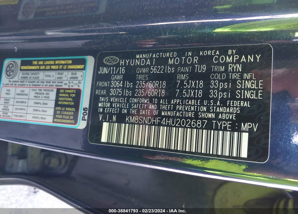 2017 HYUNDAI SANTA FE LIMITED VIN: KM8SNDHF4HU202687
