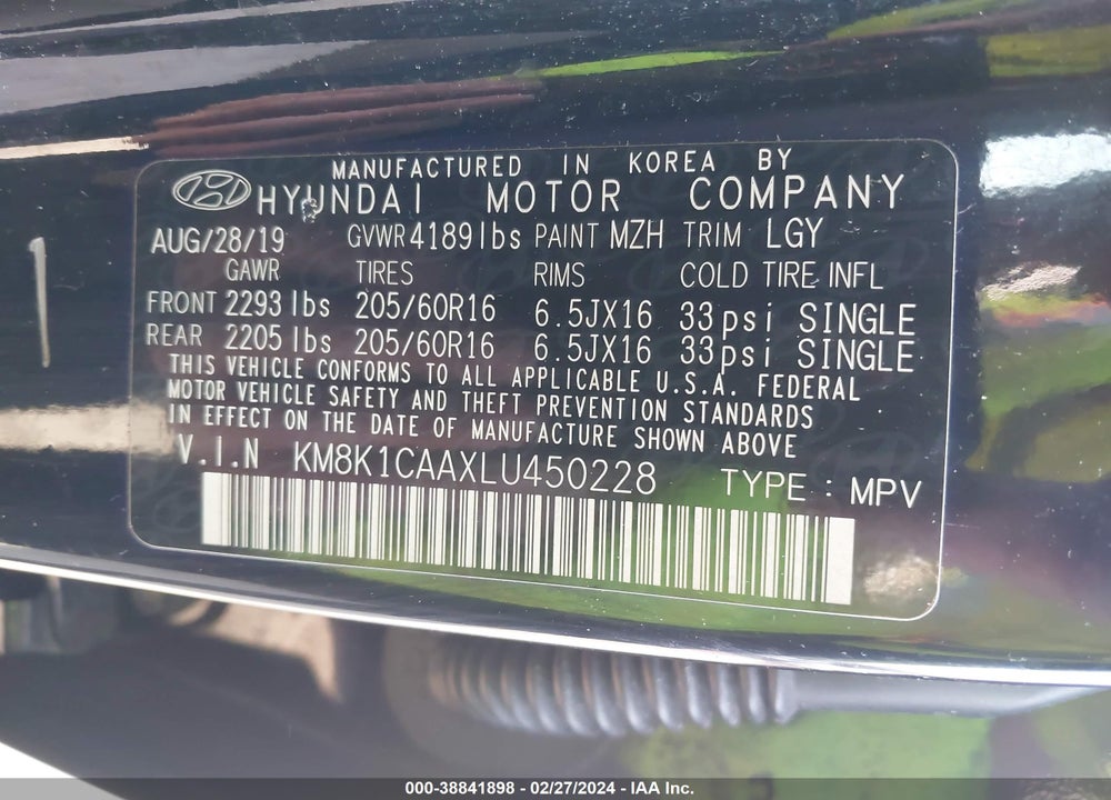 2020 HYUNDAI KONA SE VIN: KM8K1CAAXLU450228