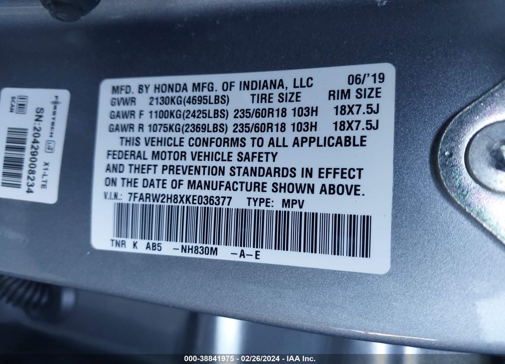 2019 HONDA CR-V EX-L VIN: 7FARW2H8XKE036377
