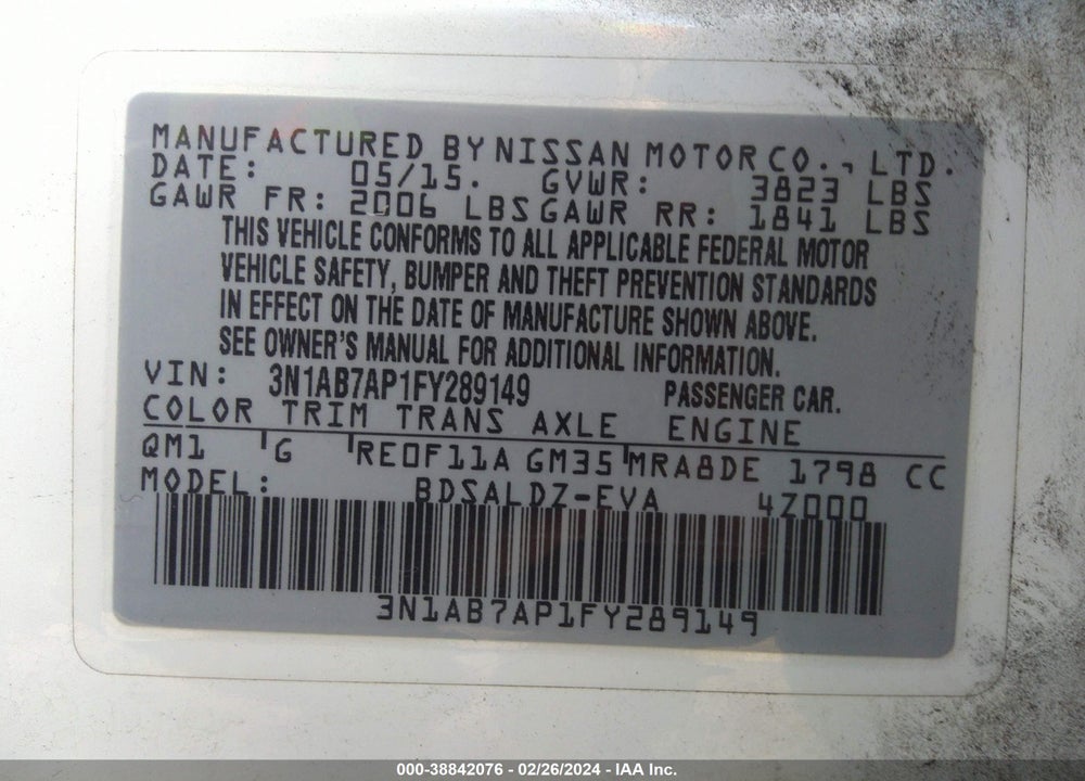 2015 NISSAN SENTRA FE+ S/S/SL/SR/SV VIN: 3N1AB7AP1FY289149