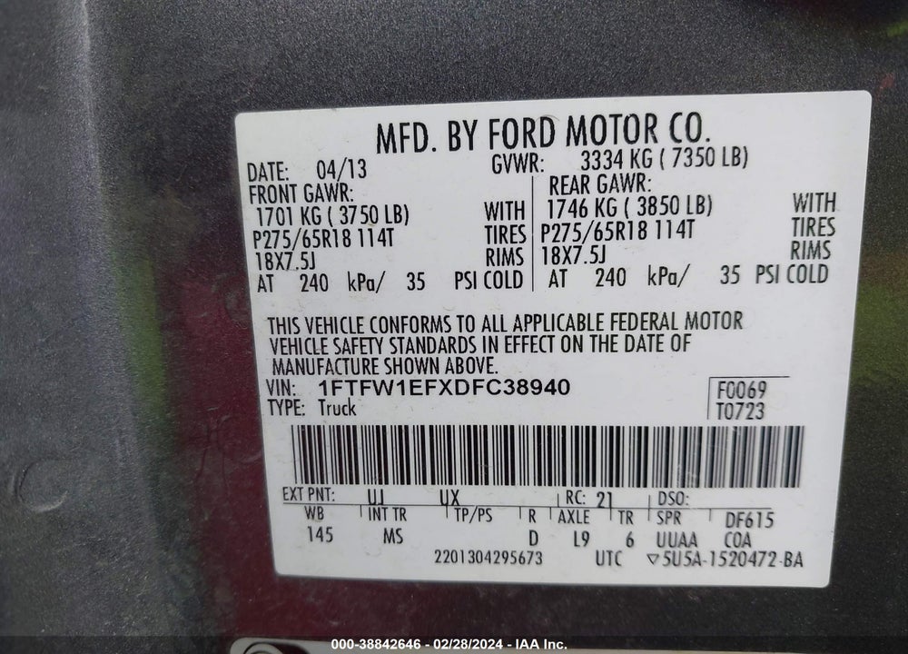 2013 FORD F-150 XLT VIN: 1FTFW1EFXDFC38940