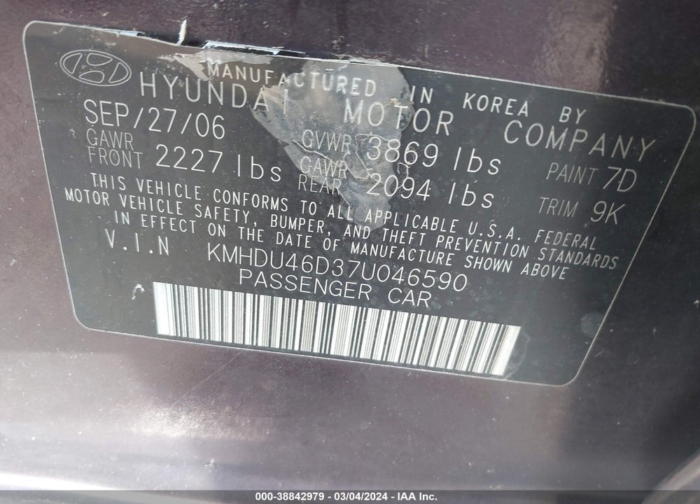 2007 HYUNDAI ELANTRA GLS/LIMITED/SE VIN: KMHDU46D37U046590
