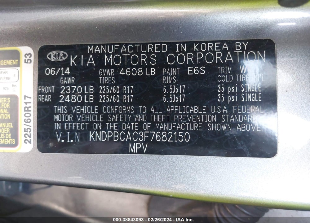 2015 KIA SPORTAGE LX VIN: KNDPBCAC3F7682150