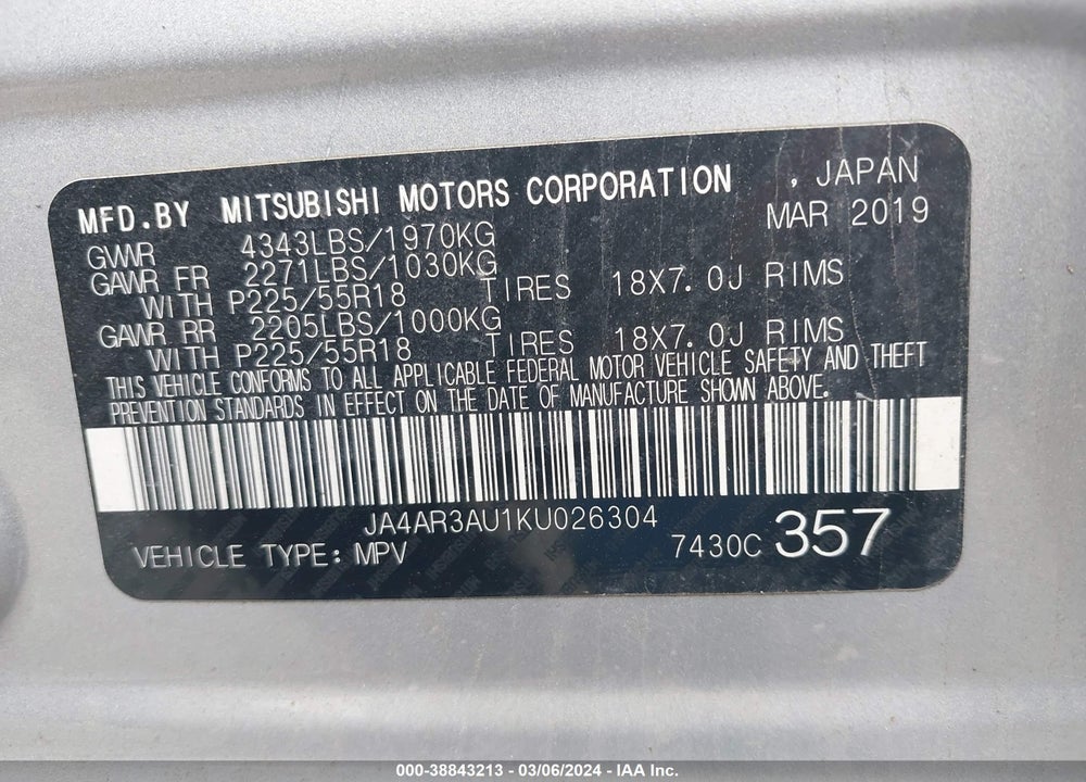 2019 MITSUBISHI OUTLANDER SPORT 2.0 ES VIN: JA4AR3AU1KU026304