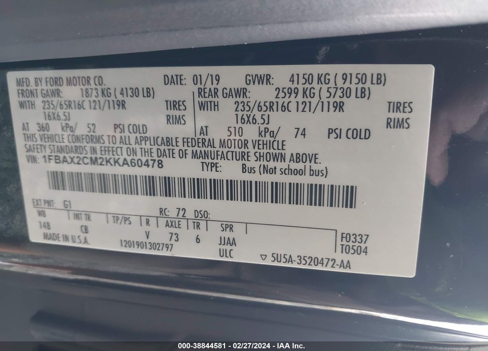 2019 FORD TRANSIT-350 XLT VIN: 1FBAX2CM2KKA60478