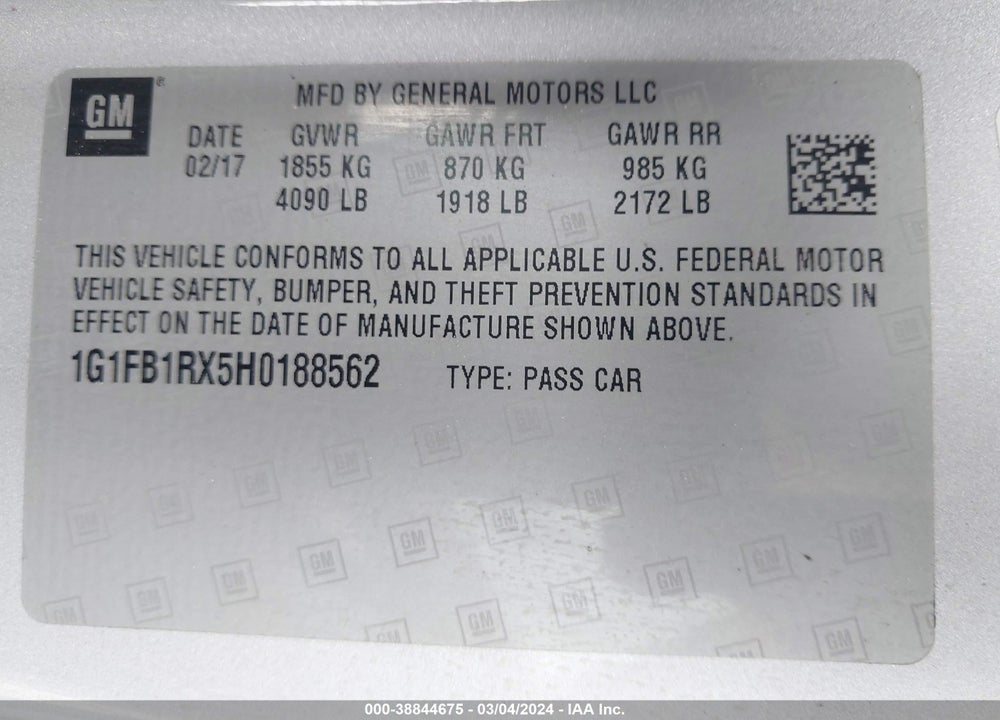 2017 CHEVROLET CAMARO 1LT VIN: 1G1FB1RX5H0188562