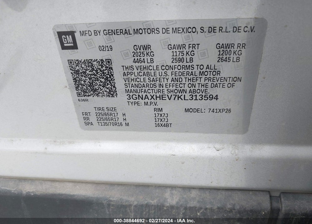2019 CHEVROLET EQUINOX LS VIN: 3GNAXHEV7KL313594