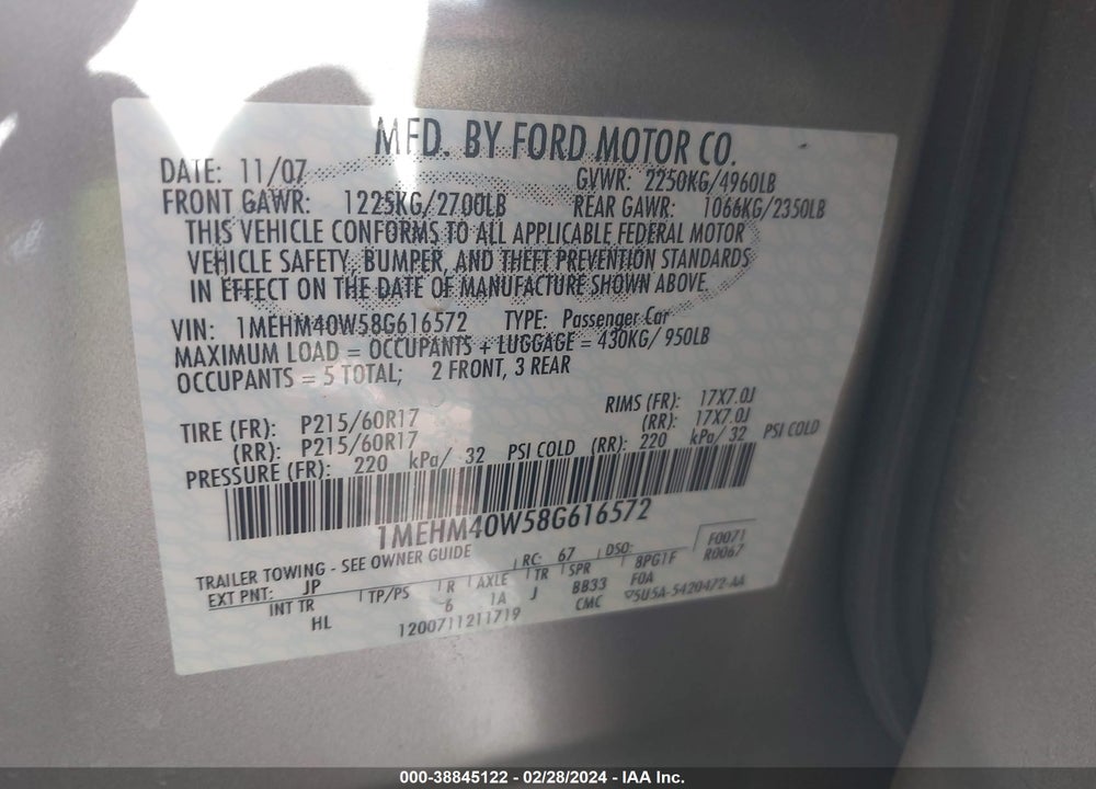 2008 MERCURY SABLE VIN: 1MEHM40W58G616572