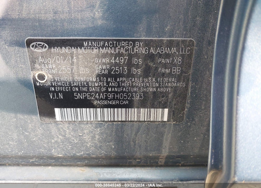 2015 HYUNDAI SONATA SE VIN: 5NPE24AF9FH052393