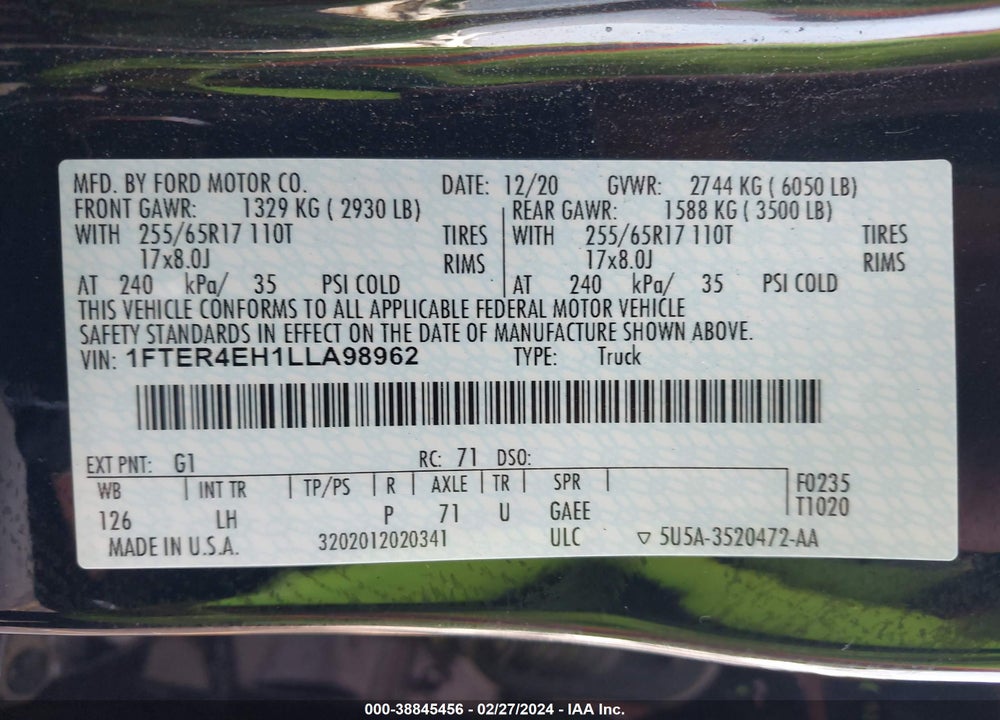 2020 FORD RANGER XLT VIN: 1FTER4EH1LLA98962
