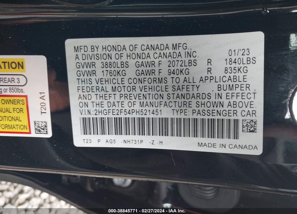 2023 HONDA CIVIC SPORT VIN: 2HGFE2F54PH521451