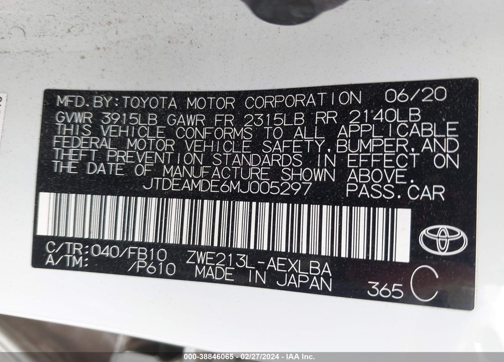 2021 TOYOTA COROLLA HYBRID LE VIN: JTDEAMDE6MJ005297