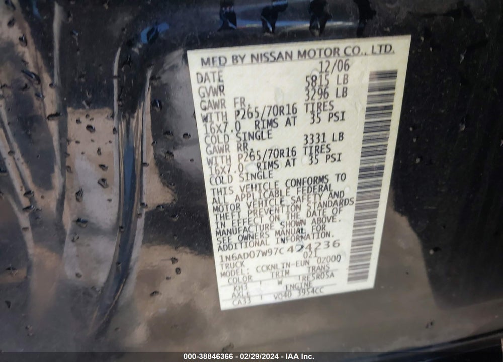 2007 NISSAN FRONTIER SE VIN: 1N6AD07W97C424236