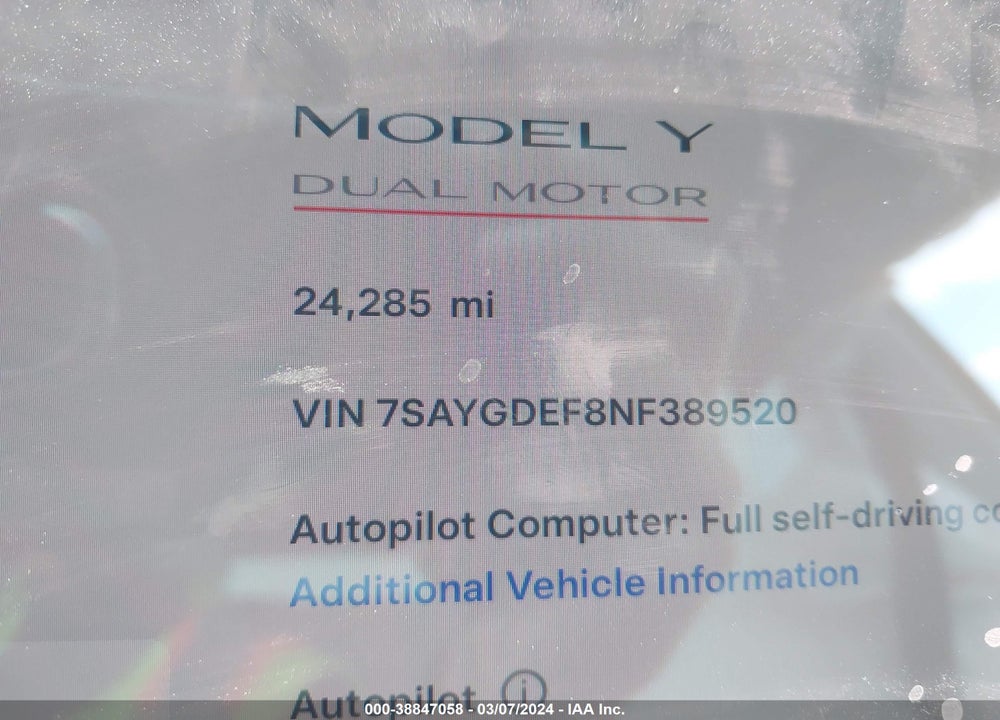 2022 TESLA MODEL Y PERFORMANCE DUAL MOTOR ALL-WHEEL DRIVE VIN: 7SAYGDEF8NF389520