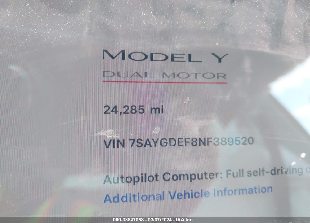 2022 TESLA MODEL Y PERFORMANCE DUAL MOTOR ALL-WHEEL DRIVE VIN: 7SAYGDEF8NF389520
