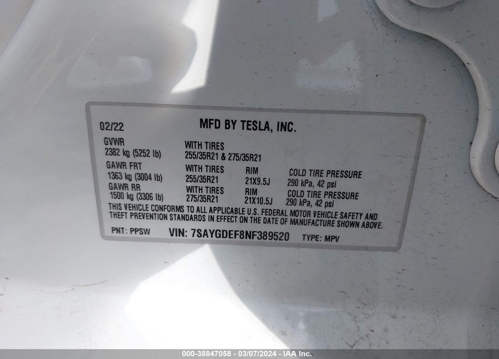 2022 TESLA MODEL Y PERFORMANCE DUAL MOTOR ALL-WHEEL DRIVE VIN: 7SAYGDEF8NF389520
