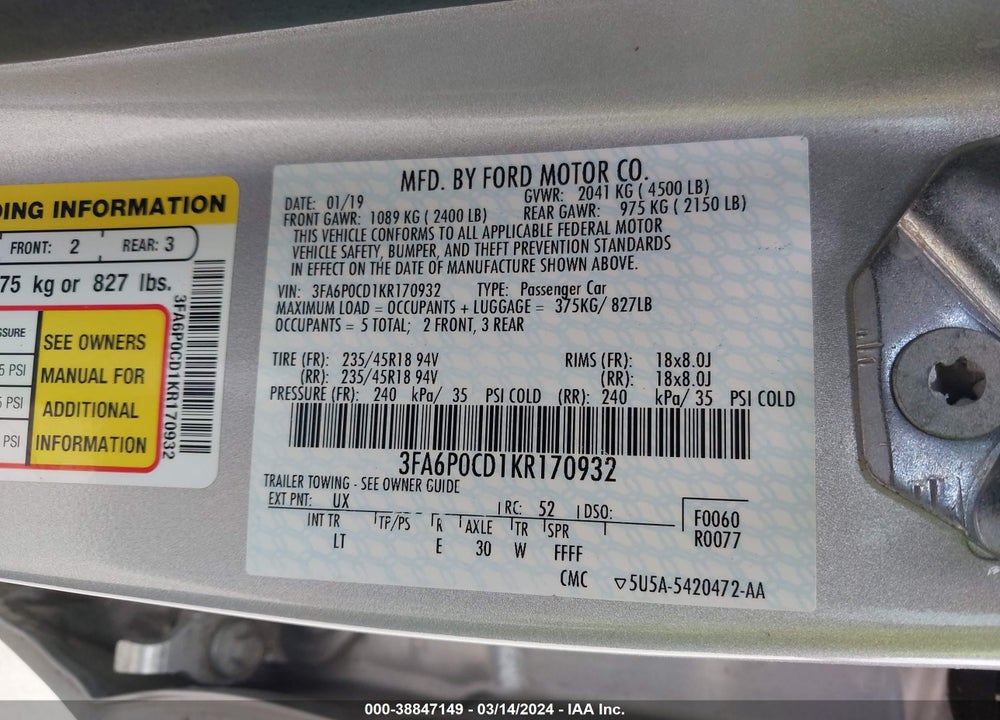 2019 FORD FUSION SEL VIN: 3FA6P0CD1KR170932