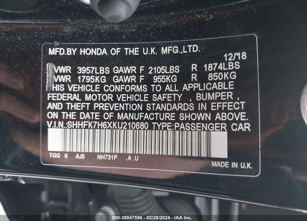 2019 HONDA CIVIC EX VIN: SHHFK7H6XKU210680