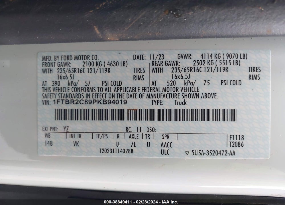 2023 FORD TRANSIT-250 VIN: 1FTBR2C89PKB94019