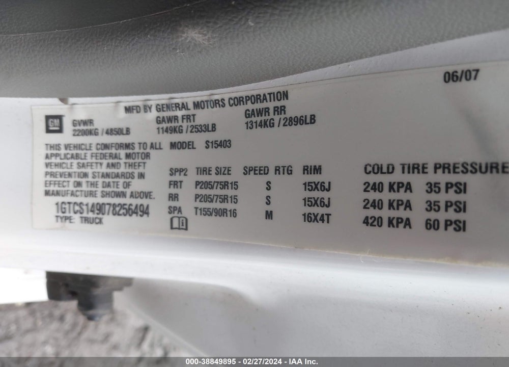 2007 GMC CANYON WORK TRUCK VIN: 1GTCS149078256494