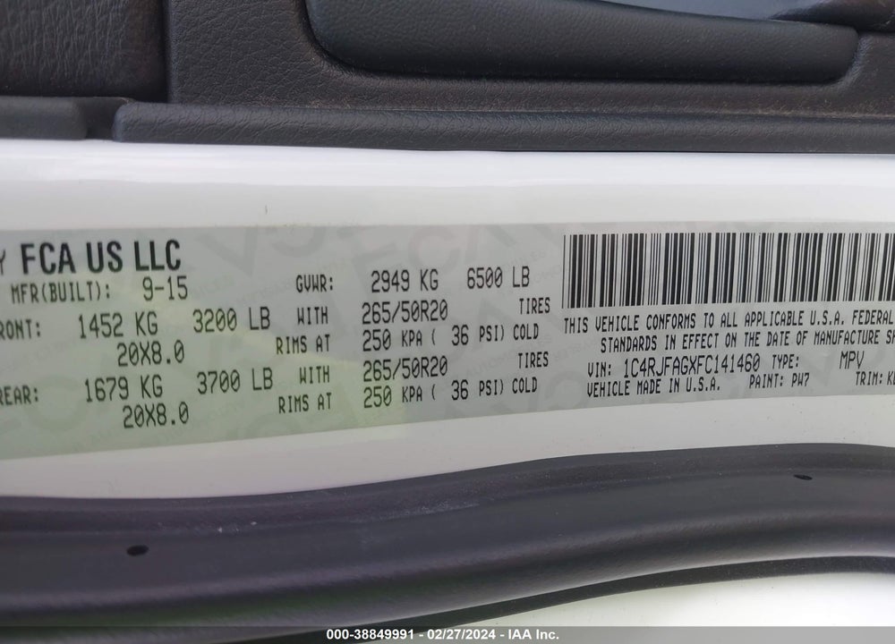 2015 JEEP GRAND CHEROKEE ALTITUDE VIN: 1C4RJFAGXFC141460