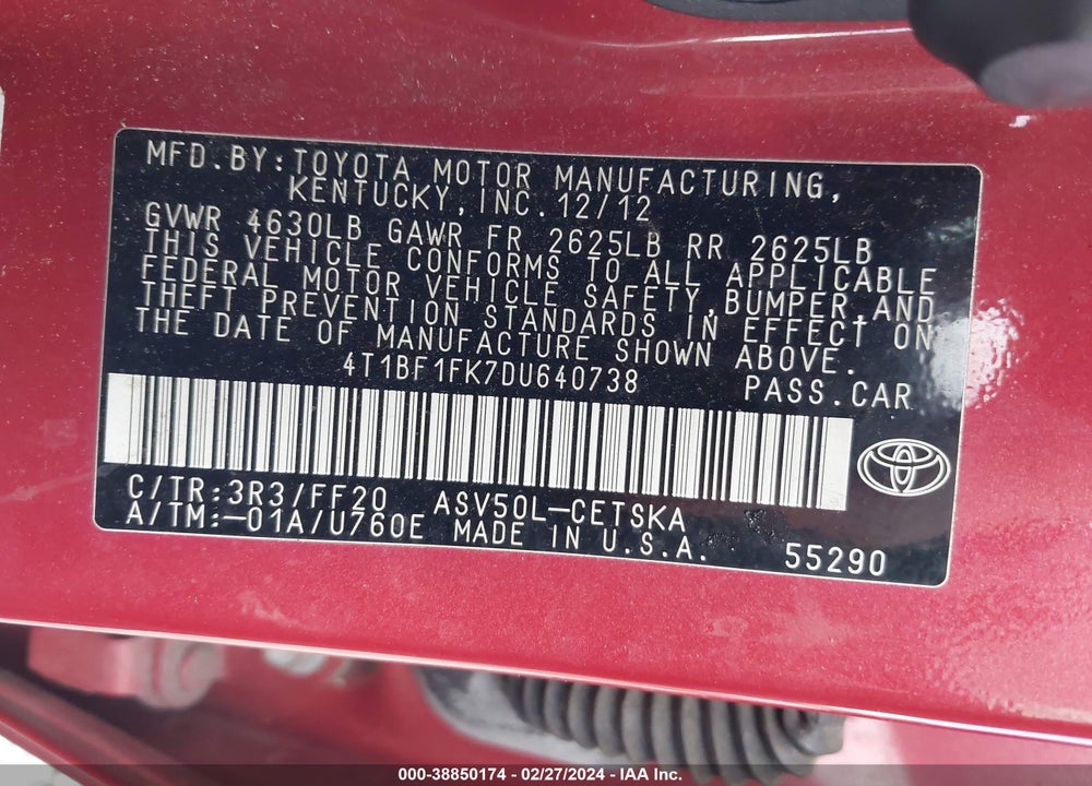 2013 TOYOTA CAMRY SE VIN: 4T1BF1FK7DU640738