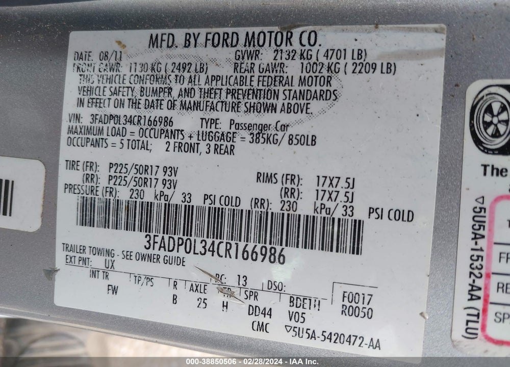 2012 FORD FUSION HYBRID VIN: 3FADP0L34CR166986
