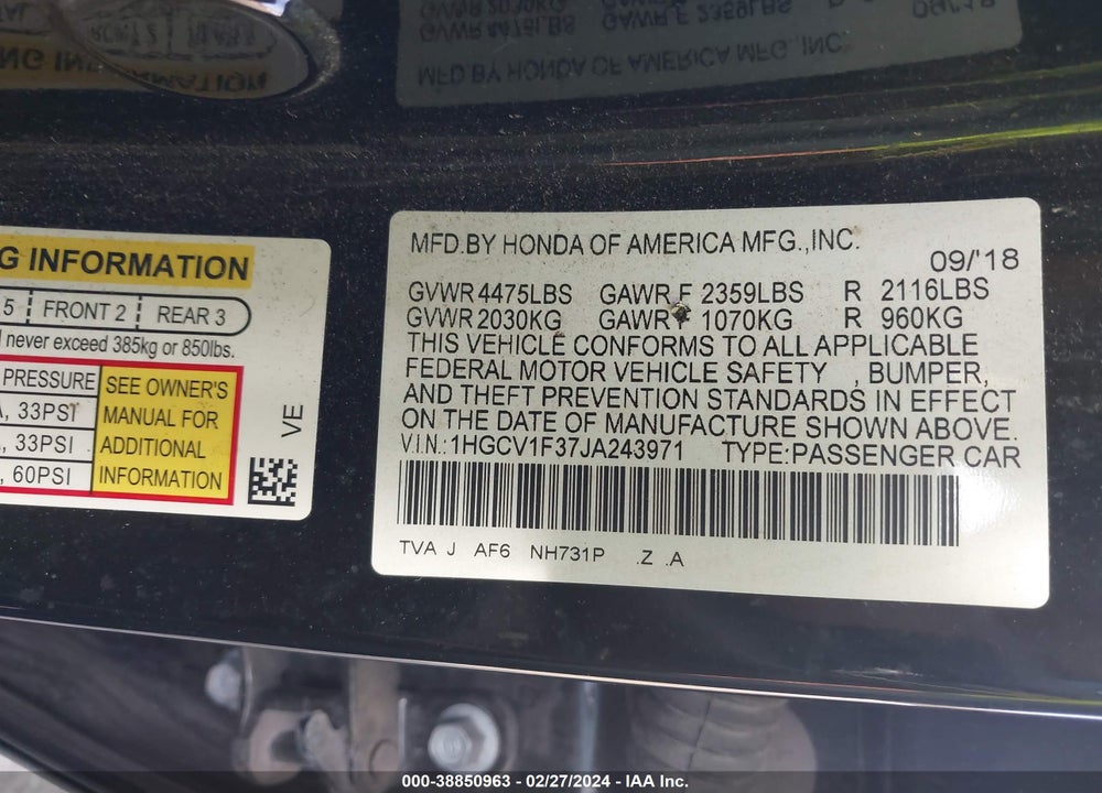 2018 HONDA ACCORD SPORT VIN: 1HGCV1F37JA243971