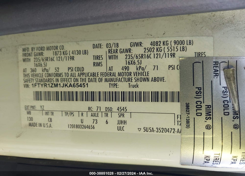 2018 FORD TRANSIT-250 VIN: 1FTYR1ZM1JKA65451