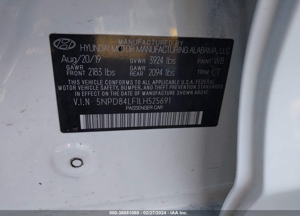 2020 HYUNDAI ELANTRA SEL VIN: 5NPD84LF1LH525691
