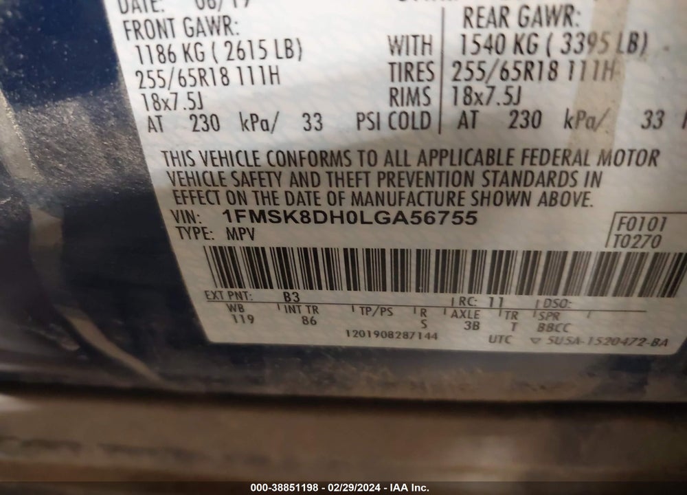 2020 FORD EXPLORER XLT VIN: 1FMSK8DH0LGA56755