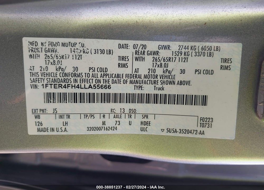 2020 FORD RANGER XLT VIN: 1FTER4FH4LLA55666