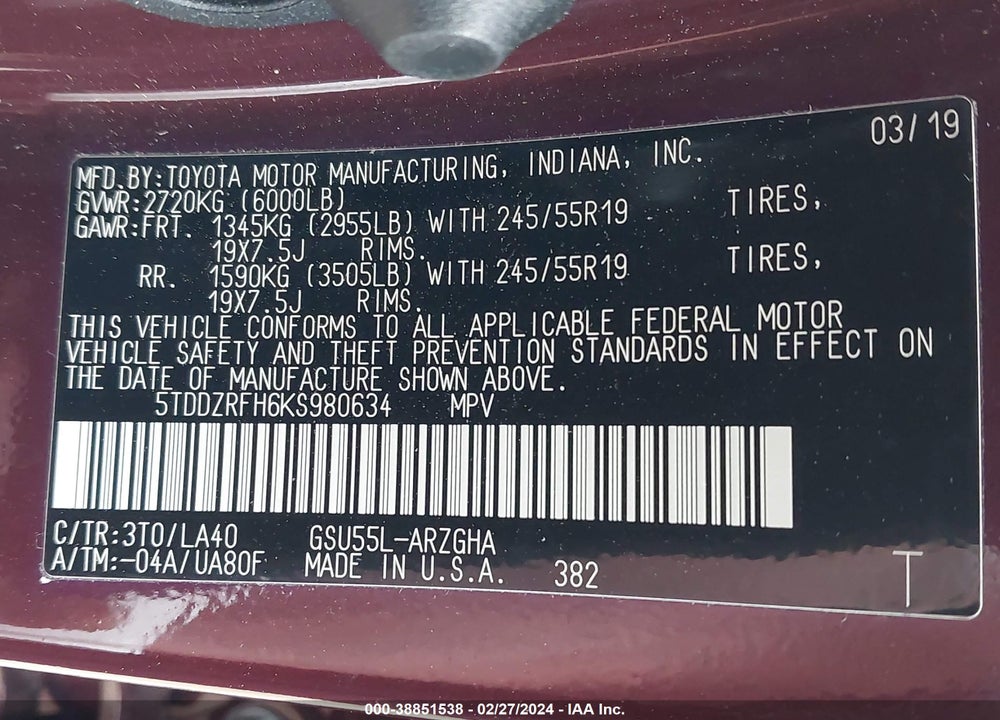 2019 TOYOTA HIGHLANDER LIMITED VIN: 5TDDZRFH6KS980634