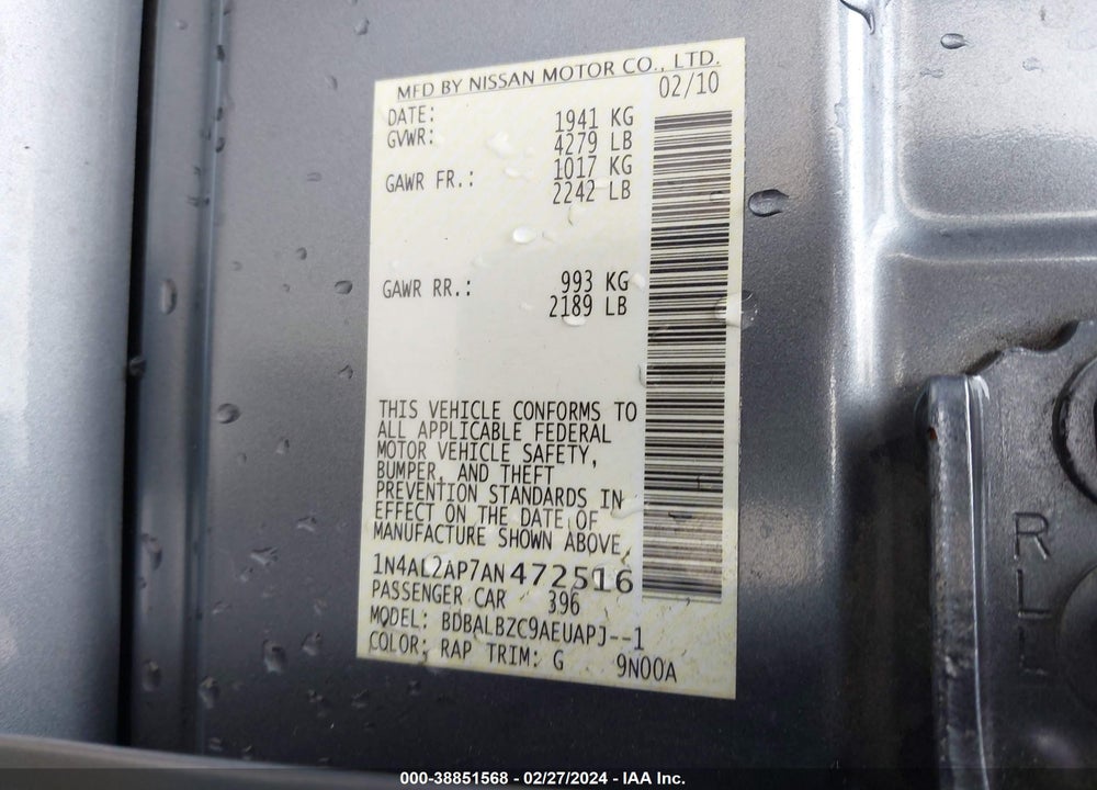2010 NISSAN ALTIMA 2.5 S VIN: 1N4AL2AP7AN472516